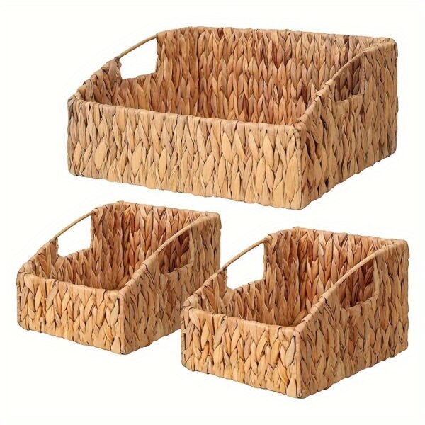 049ba6ea-2426-4e65-a14e-326ccffde60f.jpg Set of 3 Handwoven Water Hyacinth Storage Baskets with Built-In Handles - Versatile Wicker Organizer for Shelves, Bedroom, Bathroom, Laundry Room & Kitchen, Storage Bins for Home Organization
