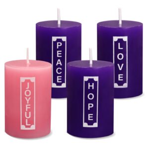 42d71f70af8743c99166e2cf009e7586-goods.jpeg 5.08X7.62 cm for Advent Pillar Candles, Autumn And Winter Home Decoration, 3 Purple And 1 Pink Festive Celebration Candles, Candle Set Suitable for Advent Wreaths And Christmas Decorations, Long-Lasting Slow-Burning Dripless Wax Candles