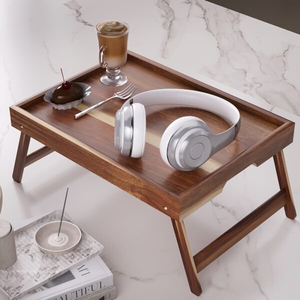 A Multifunctional Folding Table Made of Acacia Wood, Suitable for Use on Beds, Window Sills, Or in Dorms As a Easy Computer Desk