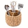 Hand-Woven Storage Basket, 1pc of Cutlery Storage Box - 3-Compartment Desktop Cutlery Organizer - Natural Woven Basket
