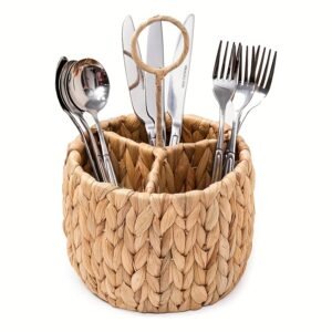 Hand-Woven Storage Basket, 1pc of Cutlery Storage Box - 3-Compartment Desktop Cutlery Organizer - Natural Woven Basket