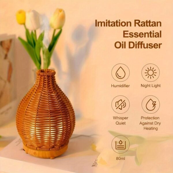 5ded0169-09af-4662-8092-0fd7dffec23f.jpg 1pc aroma diffuser, Rattan Look Essential Oil Diffuser with Waterless Auto Shut-off Protection for Aromatherapy and Humidification