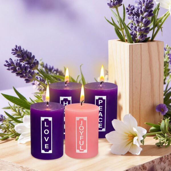 6fb1c11a12834768b3107aec4c261517-goods.jpeg 5.08X7.62 cm for Advent Pillar Candles, Autumn And Winter Home Decoration, 3 Purple And 1 Pink Festive Celebration Candles, Candle Set Suitable for Advent Wreaths And Christmas Decorations, Long-Lasting Slow-Burning Dripless Wax Candles