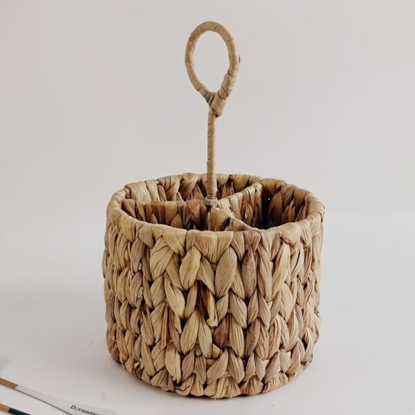 Hand-Woven Storage Basket, 1pc of Cutlery Storage Box - 3-Compartment Desktop Cutlery Organizer - Natural Woven Basket