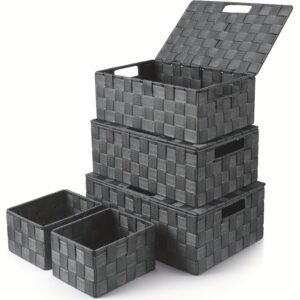 a8ad8c68-4570-478a-b86b-b5ae3f390299.jpg 5pcs Modern Woven Storage Basket with Lid - Large Multi-Compartment Organizer Box Suitable for Clothes, Bedding,, Books - Durable Woven Container for Wardrobe, Closet, Office Organization - Space-Saving Aesthetic Storage Solution, Shelf Baskets