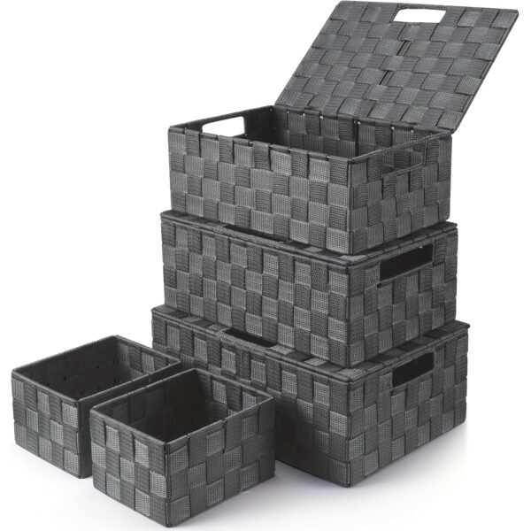 5pcs Modern Woven Storage Basket with Lid - Large Multi-Compartment Organizer Box Suitable for Clothes, Bedding,, Books - Durable Woven Container for Wardrobe, Closet, Office Organization - Space-Saving Aesthetic Storage Solution, Shelf Baskets