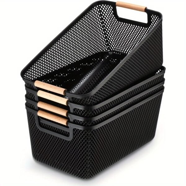 aaa8376681a341b18fc4570044022dfa-goods.jpeg 4pcs Plastic Woven Storage Baskets | Stackable Breathable Storage Boxes, Suitable for Kitchen Food Pantry & Bedroom Wardrobe | Lightweight and Durable, Shelf Baskets