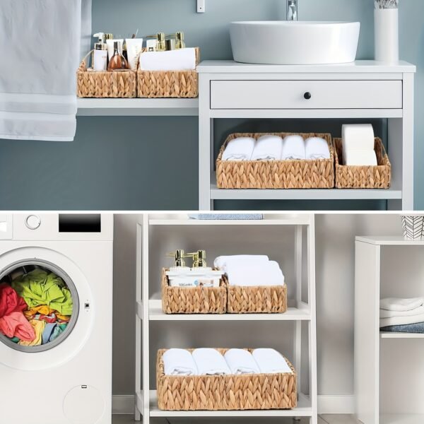 c862b6e4-32cd-44ff-9495-17551a7602e5.jpg Set of 3 Handwoven Water Hyacinth Storage Baskets with Built-In Handles - Versatile Wicker Organizer for Shelves, Bedroom, Bathroom, Laundry Room & Kitchen, Storage Bins for Home Organization