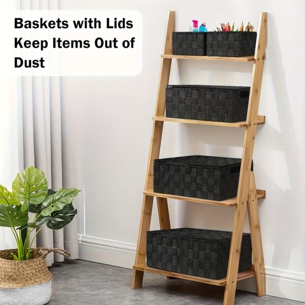 5pcs Modern Woven Storage Basket with Lid - Large Multi-Compartment Organizer Box Suitable for Clothes, Bedding,, Books - Durable Woven Container for Wardrobe, Closet, Office Organization - Space-Saving Aesthetic Storage Solution, Shelf Baskets