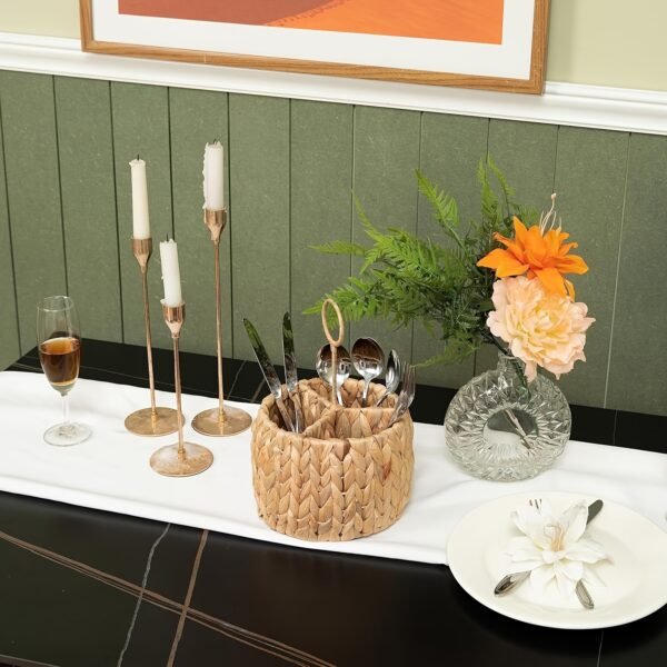 Hand-Woven Storage Basket, 1pc of Cutlery Storage Box - 3-Compartment Desktop Cutlery Organizer - Natural Woven Basket