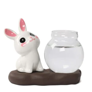 Hydroponic Glass Vase Ornament Cartoon Rabbit Tabletop Small Plant Flower Pot Wooden Base Pasu Gelas Kaca Home Deco