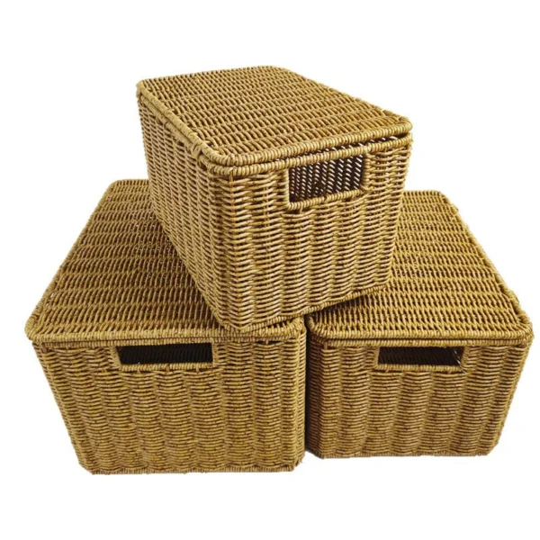 Rattan Basket with Lid Hand-Woven Wicker Basket Rattan Storage Box Clothes Toy Organizer
