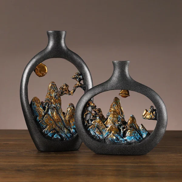 New Chinese Resin Home Decorations Living Room Entrance Zen Ornaments Dried Flower Vase Crafts Hollow Flower Arrangement