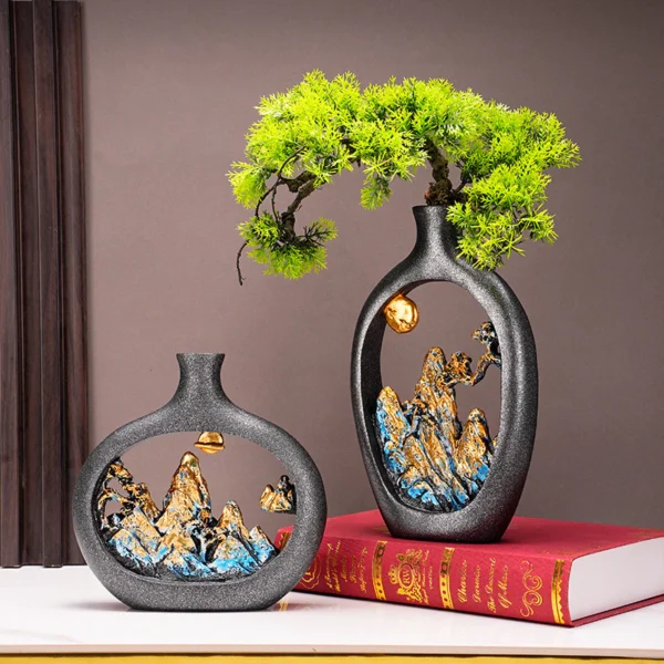New Chinese Resin Home Decorations Living Room Entrance Zen Ornaments Dried Flower Vase Crafts Hollow Flower Arrangement