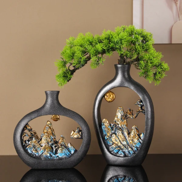 New Chinese Resin Home Decorations Living Room Entrance Zen Ornaments Dried Flower Vase Crafts Hollow Flower Arrangement